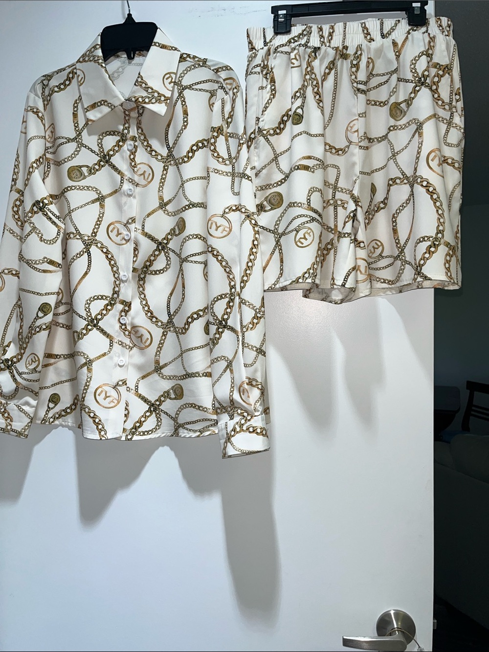 Size Medium Cream Shirt & Shorts  Gold Chain Print (   Altered ) Lightweight